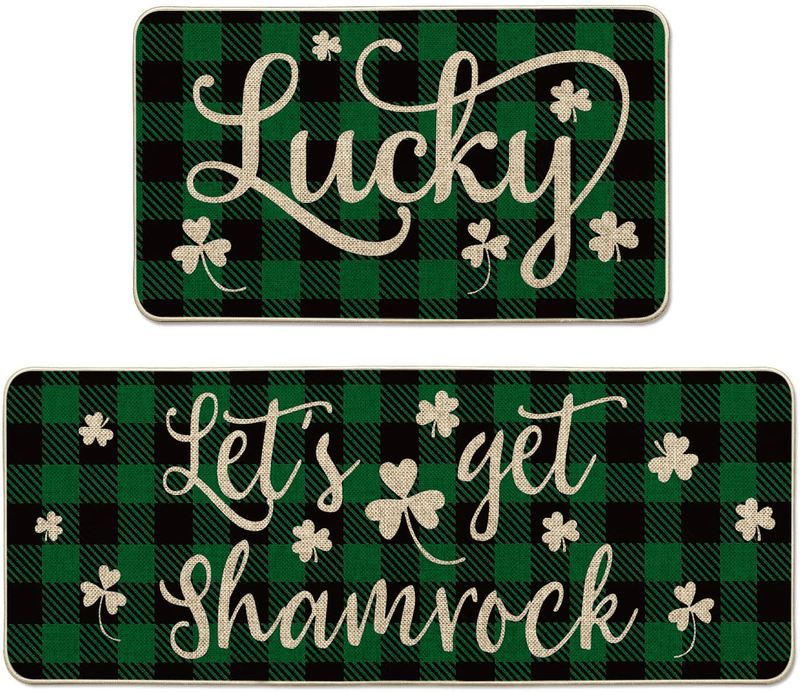 Artoid Mode Green Buffalo Plaid Let'S Get Shamrock Lucky Clover Kitchen Mats Set of 2, Seasonal St. Patrick'S Day Anniversary Holiday Decorations for Home Kitchen - 17 X 29 Inch and 17X47 Inch