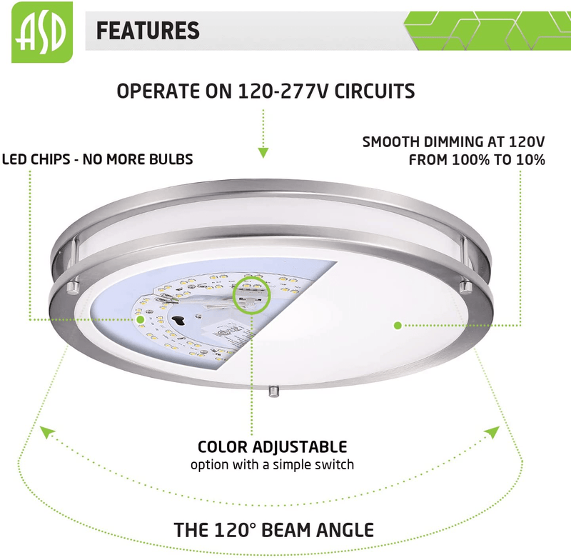 ASD 18" LED Flush Mount Ceiling Light, 3000/4000/5000K Adjustable, 120-277V, Dimmable Close to Ceiling Ceiling Light Fixture, 28W (225W Equivalent), 2000LM, Brushed Nickel, Energy Star, ETL