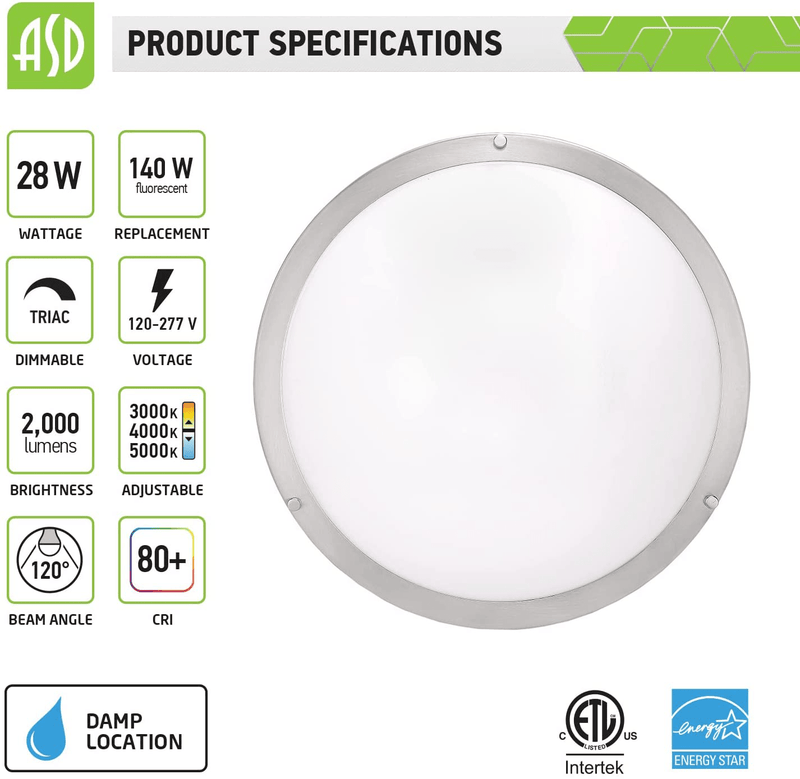 ASD 18" LED Flush Mount Ceiling Light, 3000/4000/5000K Adjustable, 120-277V, Dimmable Close to Ceiling Ceiling Light Fixture, 28W (225W Equivalent), 2000LM, Brushed Nickel, Energy Star, ETL