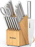 Astercook Knife Set, 15 Pieces Chef Knife Set with Block for Kitchen, German Stainless Steel Knife Block Set, Dishwasher Safe, Best Gift