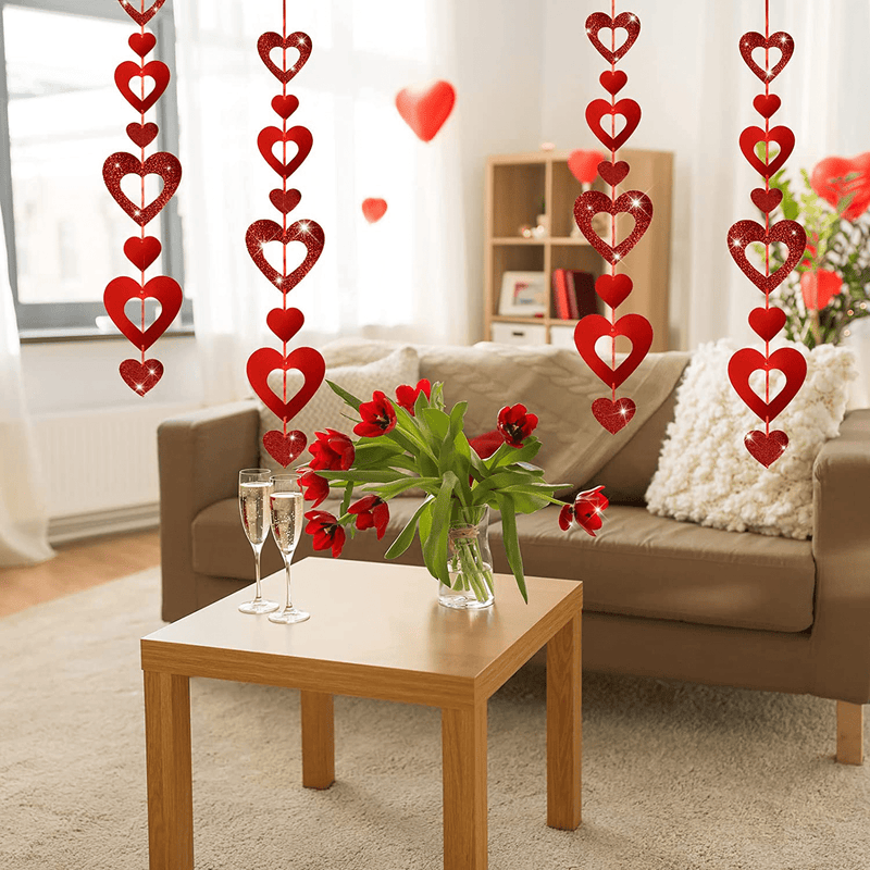 Auihiay 4 Pack 6.5Ft Glitter Heart Hanging Decoration, NO DIY Valentine'S Day Red Heart Hanging String Garland for Anniversary, Wedding, Bridal Shower, Engagement Party Decorations