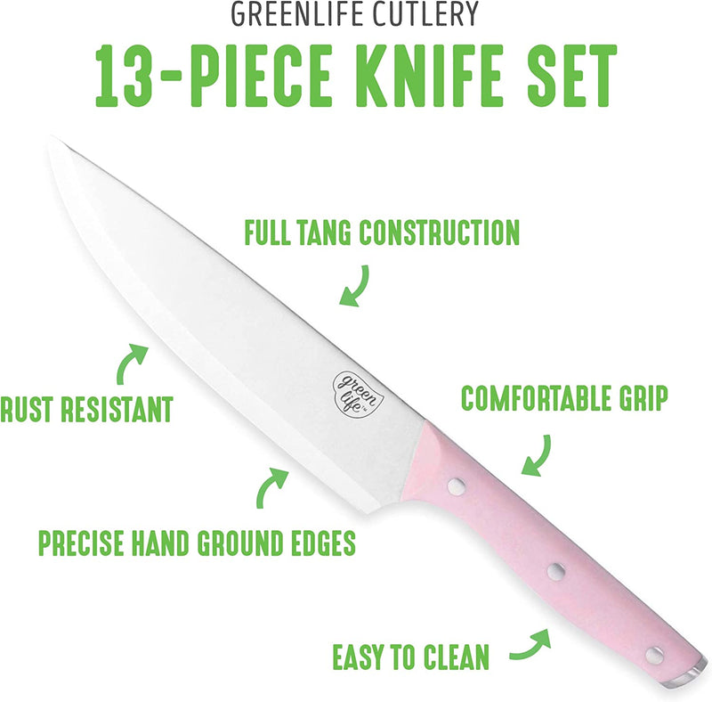 Greenlife High Carbon Stainless Steel 13 Piece Wood Knife Block Set with Chef Steak Knives and More, Comfort Grip Handles, Triple Rivet Cutlery, Soft Pink