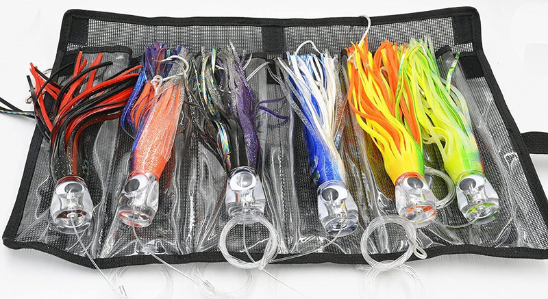 Fishing Lure Set of 6 Trolling Saltwater Skirted Lures: Rigged Lures and Black Bag Included. Catch Any Predatory Pelagic Fish in the Ocean Including Dolphin, Tuna, and Wahoo!