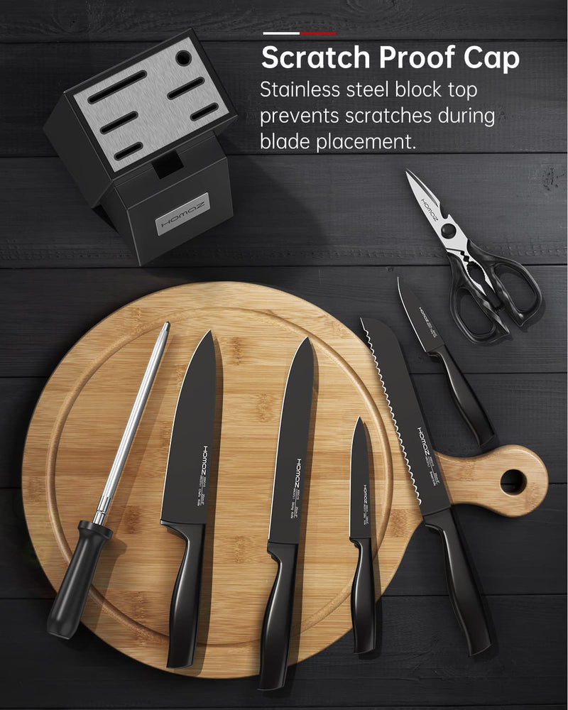 Homaz Knife Set with Block, 8 Pcs Kitchen Knife Set with High Carbon Stainless Steel, Chef Knife Set with Sharpener, Elegant Black