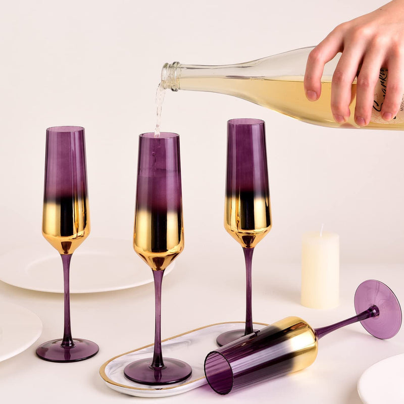 Glass Champagne Flutes Set of 4-Hand Blown Crystal Champagne Glasses-8.5 OZ Purple and Gold Gradient Design Drinkware for Wedding Birthday Anniversary Party