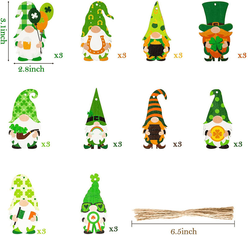 B1Ykin 30Pcs St. Patrick’S Day Wood Gnomes Ornaments Decoration Gift Tags Shamrock Pot of Gold Coin Elf Shaped Cutouts Tree Hanging Wooden Pendant Supplies for Irish Saint Patty’S Day Party Home Decor