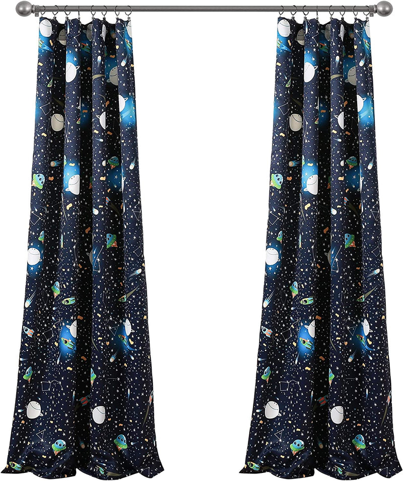 Lush Decor Universe Curtains | Outer Space Stars Galaxy Planet Rocket Pattern Room Darkening Window Panel Set for Living, Dining, Bedroom (Pair), 84” X 52”, Navy, 84" X 52"