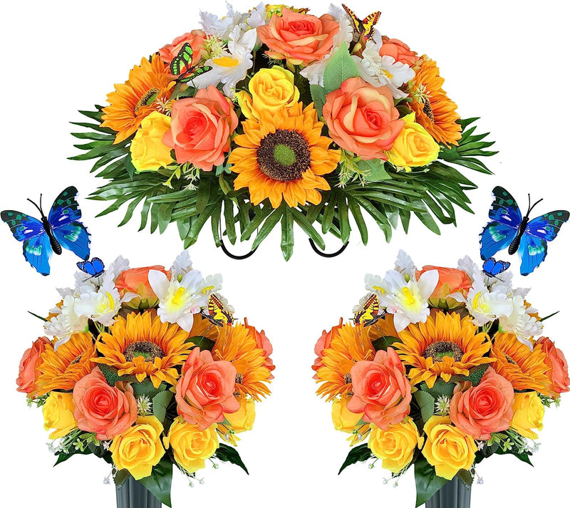 HENOMO Artificial Cemetery Flower with Vase,Headstone Flower Saddle, Non-Bleed Colors, Grave Arrangement for Sympathy,Graveside Decoration, Butterfly Include