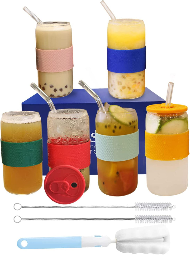 Drinking Glasses,Glass Cups-4 Set-16 Oz-Beer Can Glass with Lids and Straw- with Colorful Silicone Sleeve Beer Glasses,Iced Coffee Glasses,Top-Rack Dishwasher Safe- Gifts Essentials