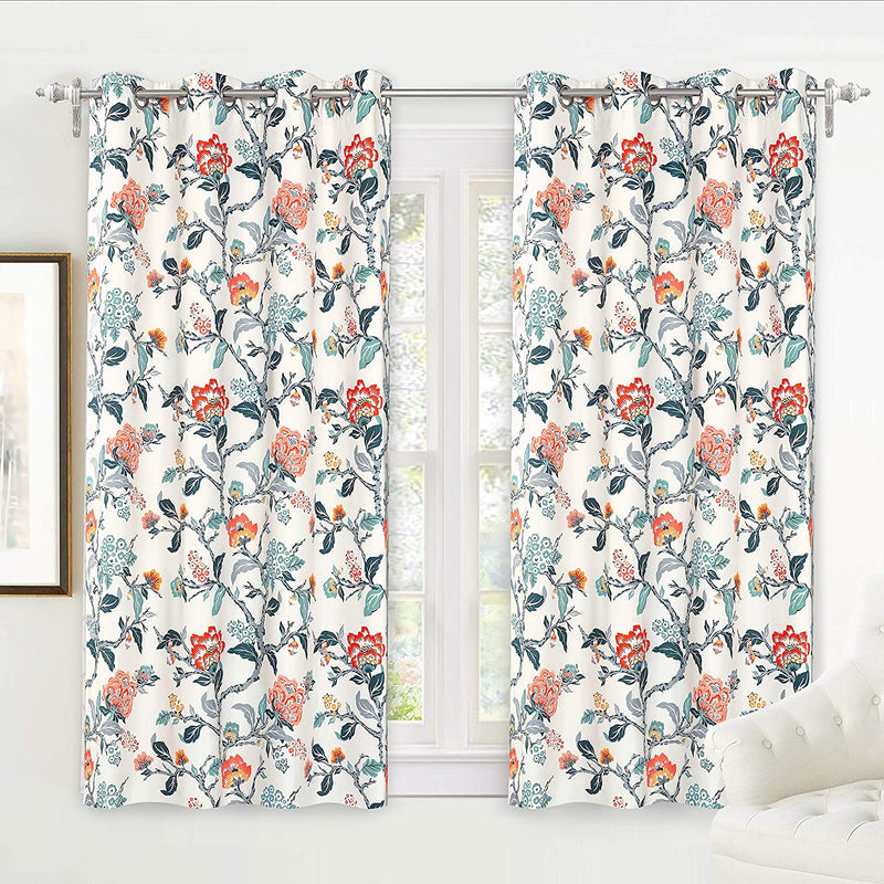 Driftaway Ada Floral Botanical Print Flower Leaf Lined Thermal Insulated Room Darkening Blackout Grommet Window Curtains 2 Layers Set of 2 Panels Each 52 Inch by 84 Inch Ivory Orange Teal