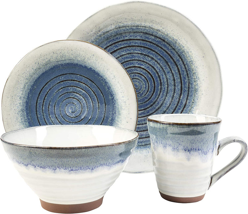 Sango Talia 16-Piece Stoneware Dinnerware Set with round Plates, Bowls, and Mugs, Dusk Blue