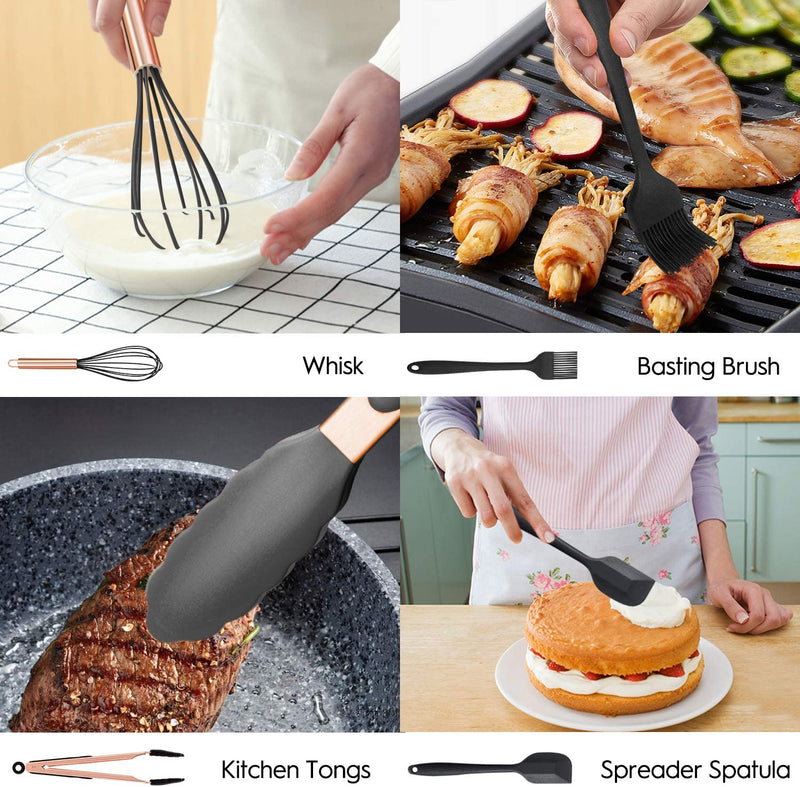 Silicone Cooking Utensil Set, 14Pcs Kitchen Utensils Set Non-Stick Heat Resistant Cookware Copper Stainless Steel Handle Cooking Tools Turner Tongs Spatula Spoon - BPA Free, Non Toxic