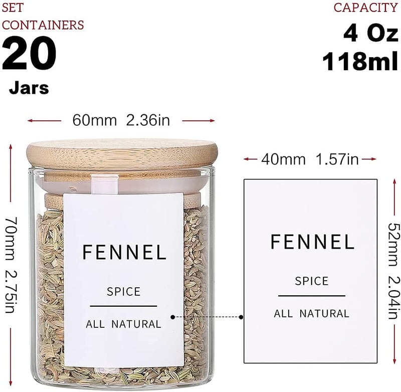 Glass Spice Jars with Bamboo Lids - 20 Pcs Thicken(2.4Mm) 4Oz Airtight Seasoning Containers with 131 Waterproof Minimalist Spice Labels Preprinted - Small Herb Jars for Pantry Organization and Storage