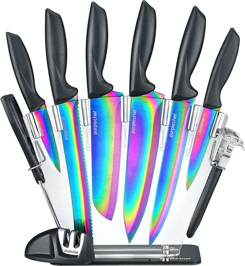 Purplechef 10 Pieces Purple Galaxy Kitchen Knives Set. Includes 6 Stainless Steel Knives, Scissors, Knife Sharpener, Peeler, and Clear Acrylic Stand.