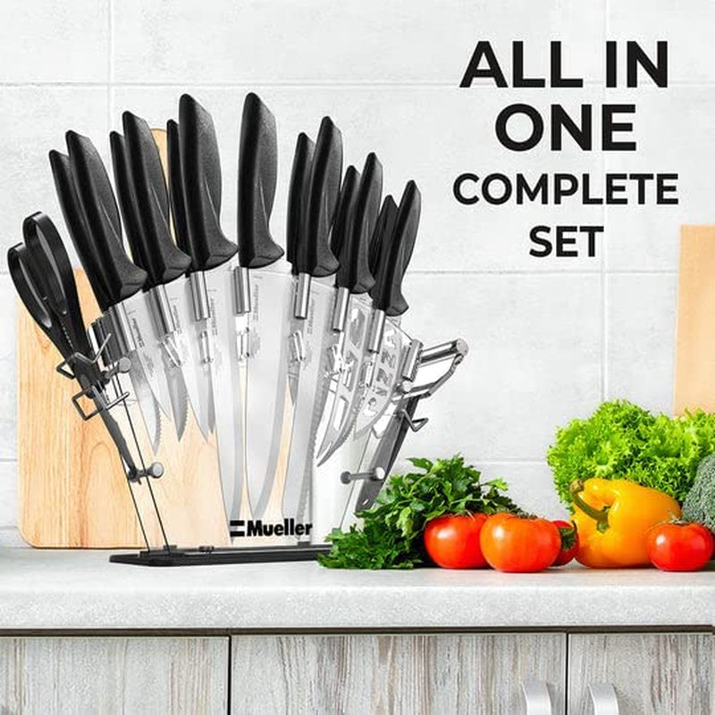 Stainless Steel Knife Set with Block - 17 Piece High Carbon Carving Set with Knife Sharpener, Peeler, Scissors, Cheese, Pizza Knife and Stand - by Mueller