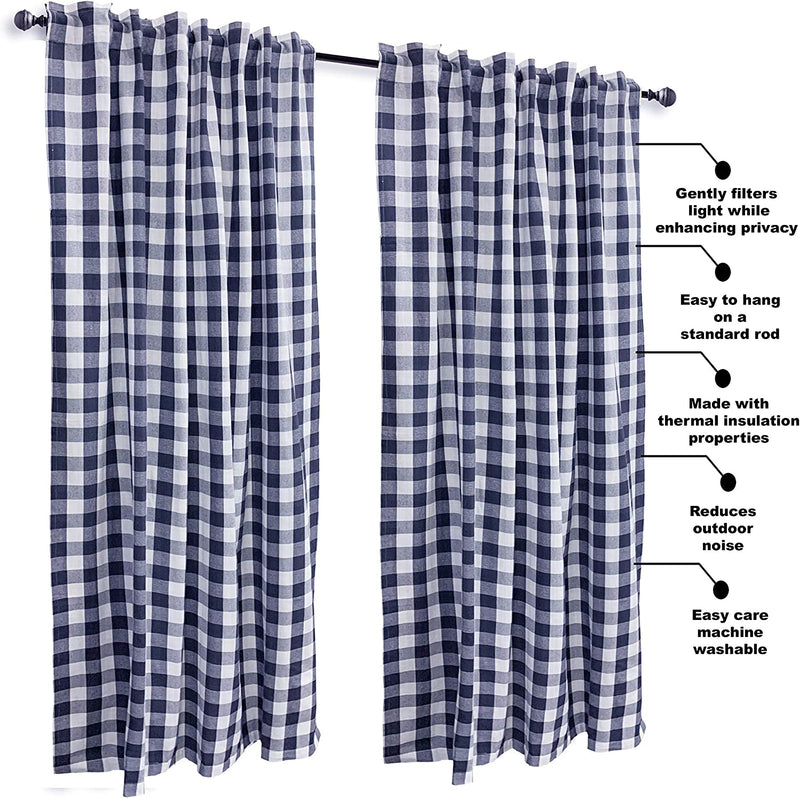 Gingham Check Window Curtain Panel, 100% Cotton, Navy/White, Cotton Curtains, 2 Panels Curtain, Tab Top Curtains, 50X96 Inches, Set of 2