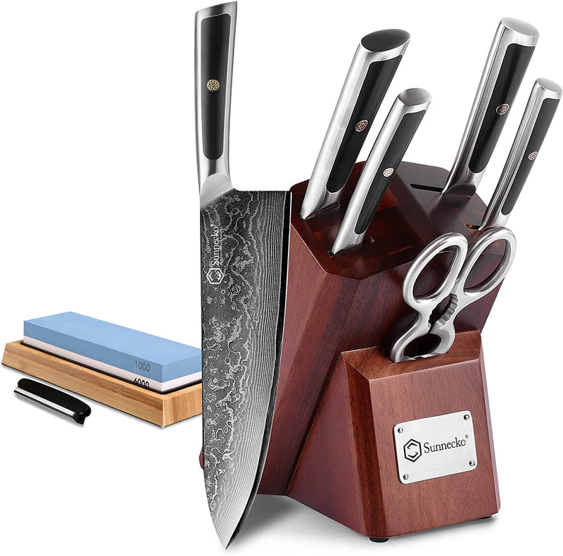 Sunnecko Damascus Kitchen Knife Set,6 PCS Knife Sets for Kitchen with Block,67-Layer Japanese VG10 High Carbon Stainless Steel Blade,Ultra-Sharp,Full Tang Forged,Ergonomic Handle,Shears Included