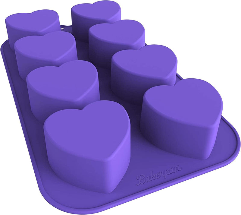 Bakerpan Silicone Mini Cake Pan, Muffin Baking Tray, Pastry Mold, 2 1/4 Inch Hearts, 8 Cavities (Purple) Set of 2