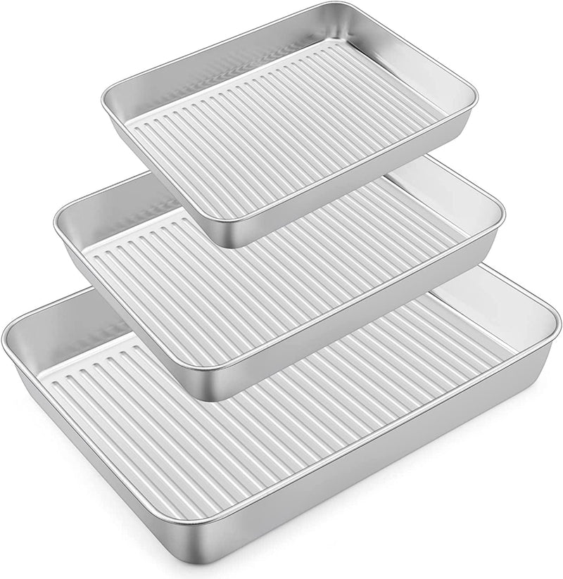Baking Pans Set of 3, E-Far Stainless Steel Sheet Cake Pan for Oven - 12.5/10.5/9.4Inch, Rectangle Bakeware Set for Cake Lasagna Brownie Casserole Cookie, Non-Toxic & Healthy, Dishwasher Safe