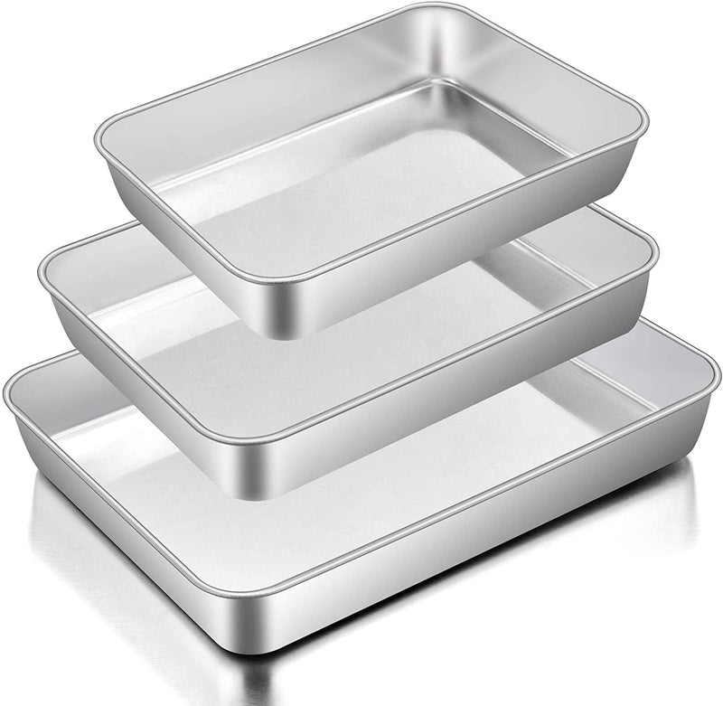 Baking Pans Set of 3, E-Far Stainless Steel Sheet Cake Pan for Oven - 12.5/10.5/9.4Inch, Rectangle Bakeware Set for Cake Lasagna Brownie Casserole Cookie, Non-Toxic & Healthy, Dishwasher Safe