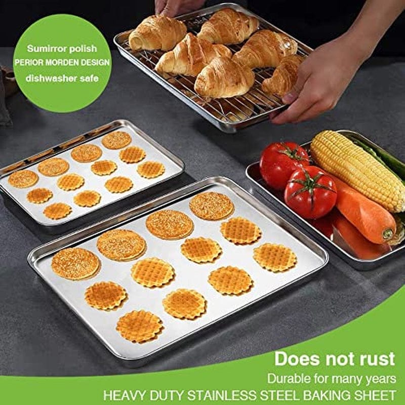 Baking Sheet Pan for Toaster Oven, Stainless Steel Baking Pans Small Metal Cookie Sheets by Umite Chef, Superior Mirror Finish Easy Clean, Dishwasher Safe, 9 X 7 X 1 Inch, 3 Piece/Set