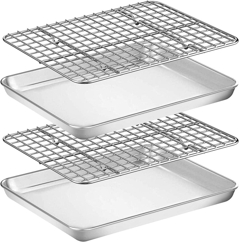 Baking Sheet with Rack Set [2 Pans + 2 Racks], Wildone Stainless Steel Cookie Sheet Baking Pan Tray with Cooling Rack, Size 16 X 12 X 1 Inch, Non Toxic & Heavy Duty & Easy Clean