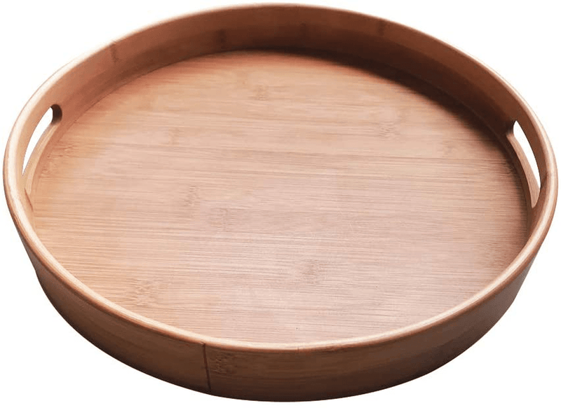 Bamboo Wood Natural Round Serving Tray, Raised Edge, Food Tray, Cut-Out Handles (40405cm)