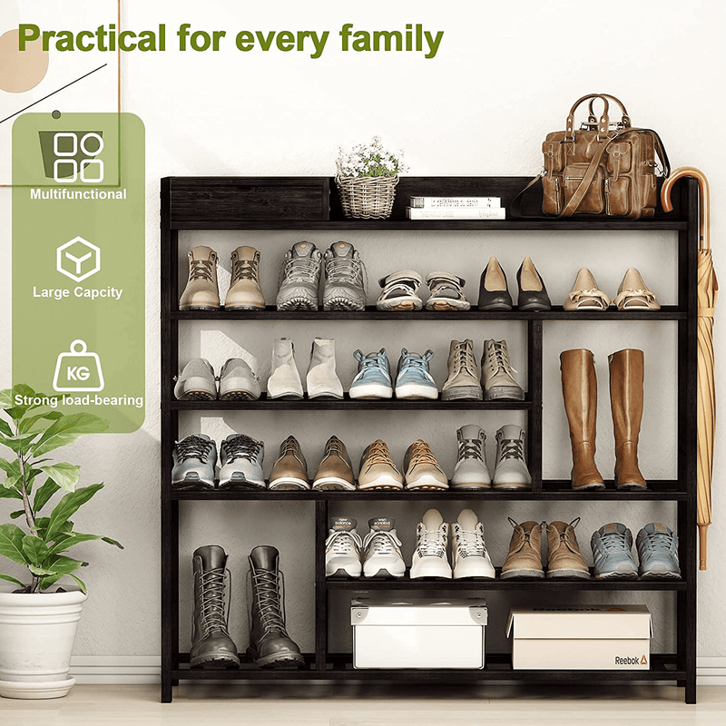 Bamworld Shoes Rack Shelf Organizer Entryway 5 Tier Bamboo for 24 Pair Boots Footwear Book Flowerpots with Storage Box (Black)