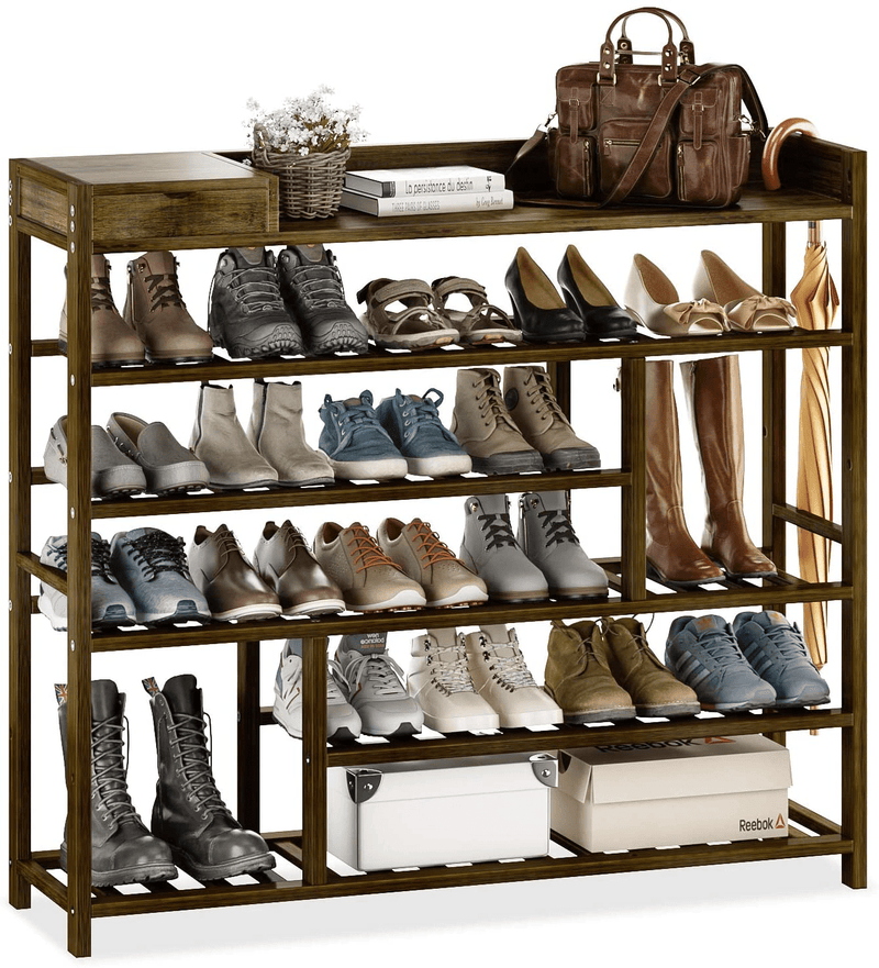 Bamworld Shoes Rack Shelf Organizer Entryway 5 Tier Bamboo for 24 Pair Boots Footwear Book Flowerpots with Storage Box (Black)