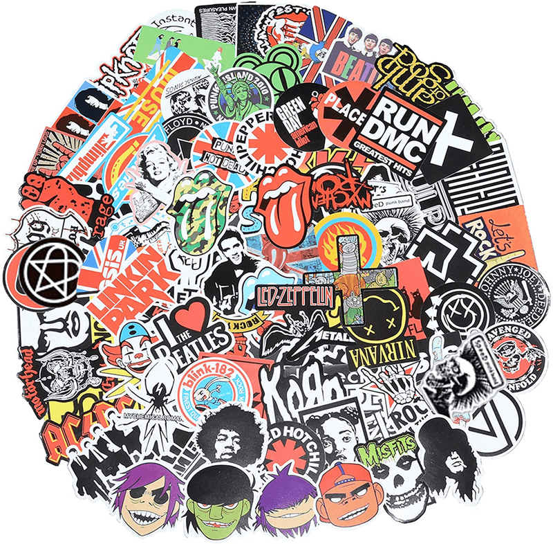 Band Stickers 100 Pcs Rock and Roll Music Stickers, Vinyl Waterproof Stickers for Personalize Laptop, Electronic Organ, Guitar, Piano, Helmet, Skateboard, Luggage Graffiti Decals