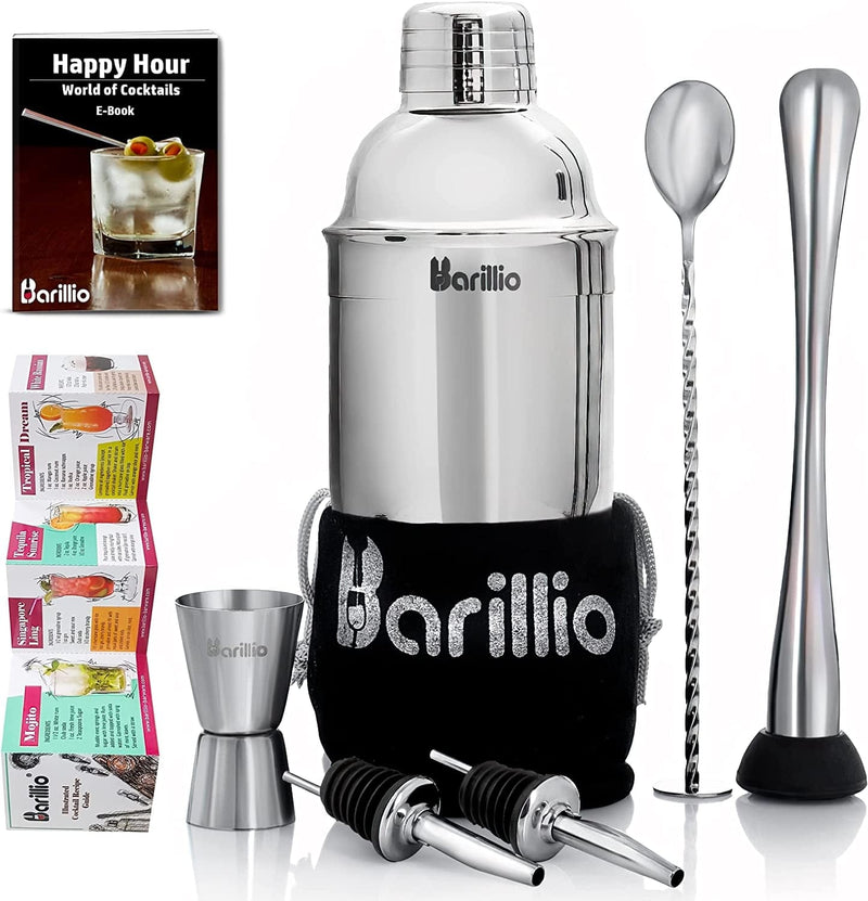 Barillio Elite Cocktail Shaker Set Bartender Kit 24 Oz Stainless Steel Martini Mixer, Muddler, Mixing Spoon, Jigger, 2 Liquor Pourers, Velvet Bag, Recipes Booklet & Ebook