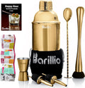 Barillio Elite Cocktail Shaker Set Bartender Kit 24 Oz Stainless Steel Martini Mixer, Muddler, Mixing Spoon, Jigger, 2 Liquor Pourers, Velvet Bag, Recipes Booklet & Ebook