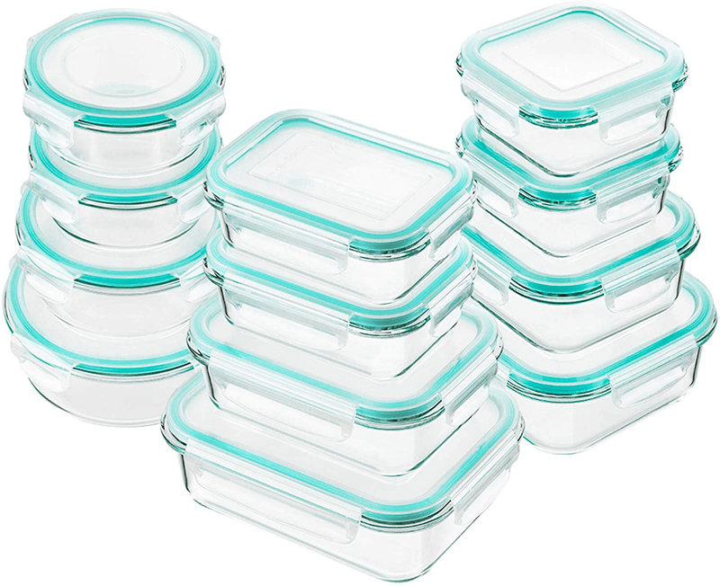 Bayco Glass Food Storage Containers with Lids, [24 Piece] Glass Meal Prep Containers, Airtight Glass Bento Boxes, BPA Free & Leak Proof (12 Lids & 12 Containers) - Blue
