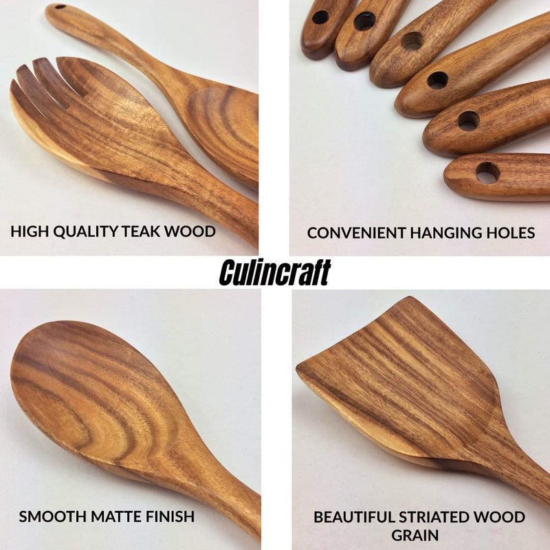 Culincraft Wooden Kitchen Utensil Set, Wooden Cooking Utensils, Wooden Utensils for Cooking, 6-Piece Set of Nonstick Teak Wood Kitchen Tools with Spoons, Spatulas, Skimmer, Salad Fork, and Gift Box
