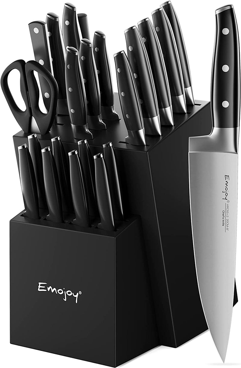 Emojoy 22-Piece Kitchen Knife Set with Block, Include 2-Pair Chef Knives, Carving Fork and Sharpener (Dual-Chef Sets)