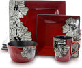 Elama Stoneware Dinnerware Collection, 16 Piece, Red with White Flower Accents