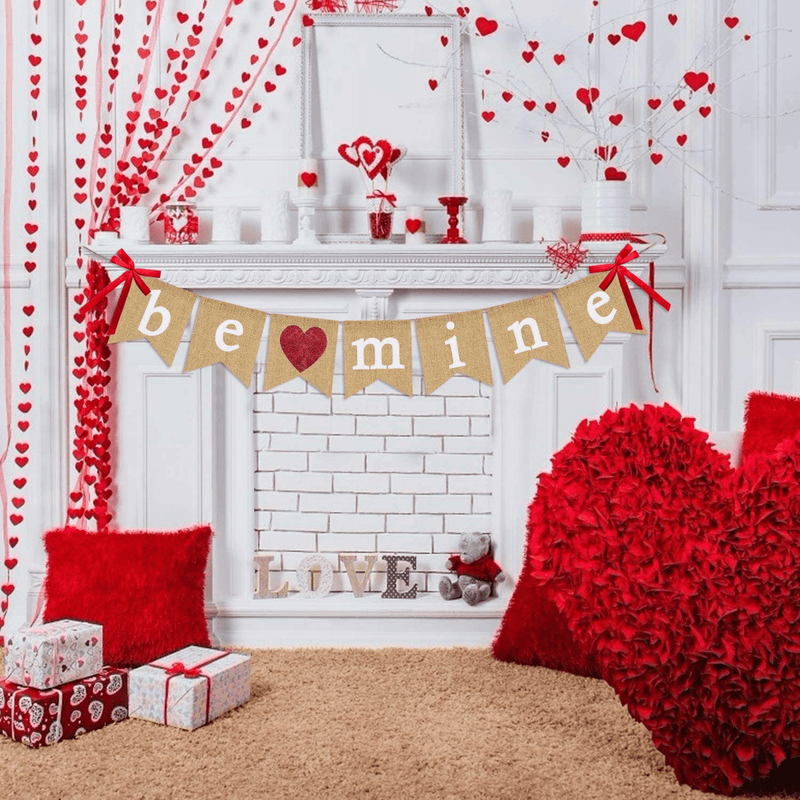 Be Mine Burlap Banner | Valentine'S Day Decorations | Valentines Banner with Glitter Heart Sign | Be Mine Bunting Banner | Valentines Day Indoor Outdoor Home Office Hanging Decor