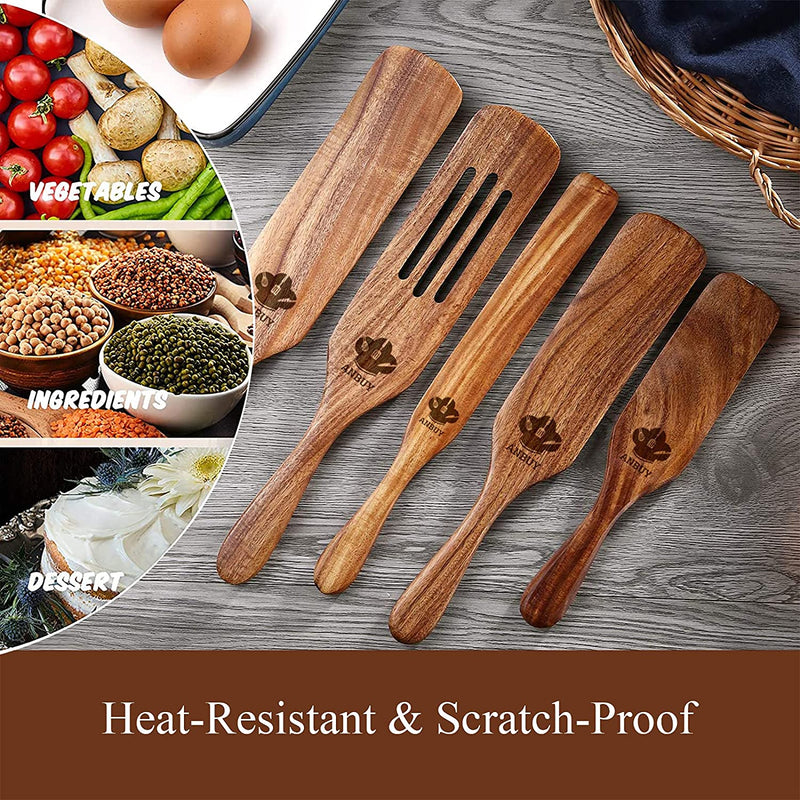 Spurtles Kitchen Tools as Seen on Tv, 5Pcs Spurtles Kitchen Tools as Seen on TV, Natural Teak Wooden Cooking Utensils, Slotted Spurtles Set with Hanging Hole, Heat Resistant Nonstick