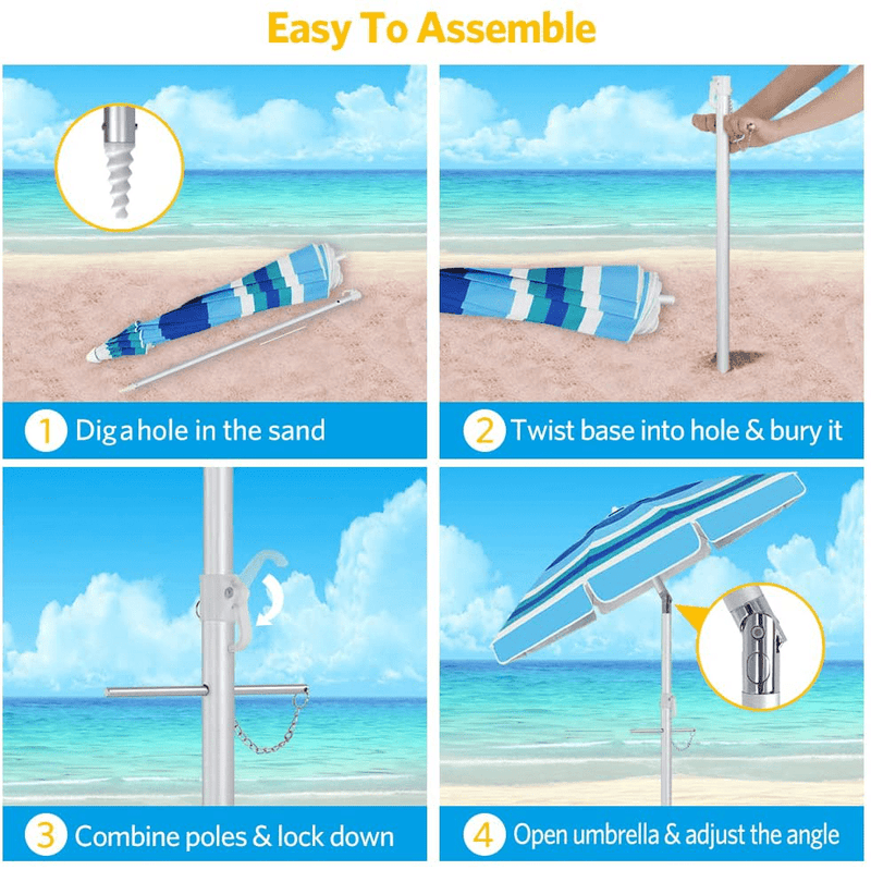Beach Umbrella, 6.5ft Beach Umbrella with Sand Anchor & Tilt Mechanism, Portable Beach Umbrella for Patio Garden Beach Outdoor,Sunshade Umbrella with Carry Bag