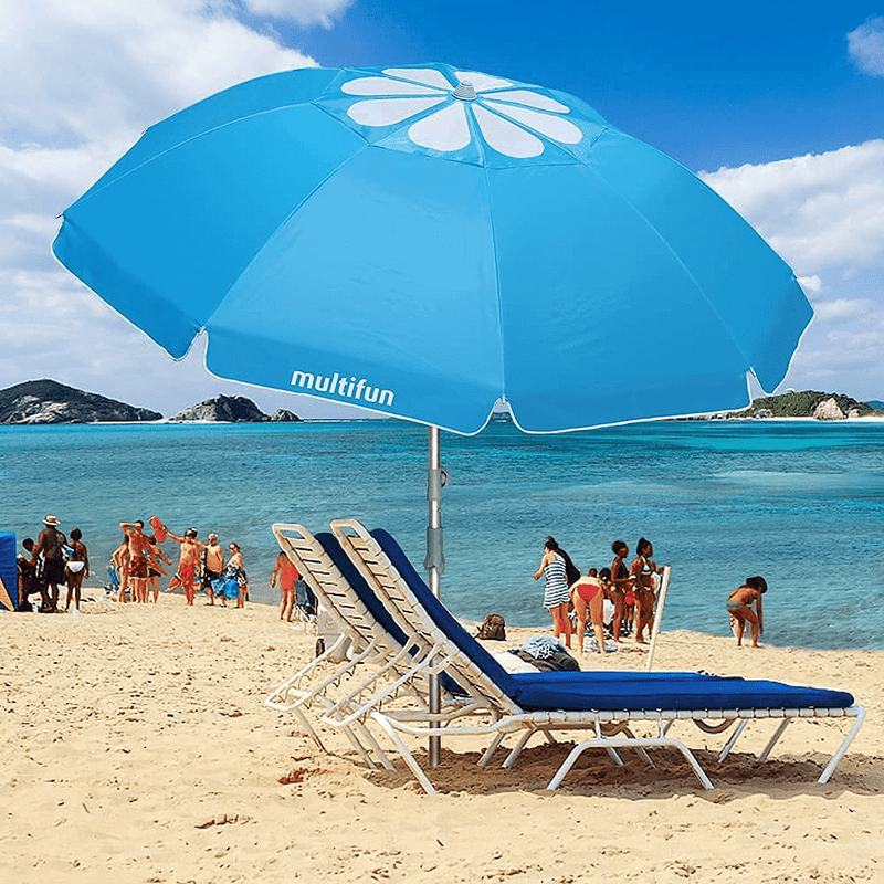Beach Umbrella, Multifun 7ft Portable Outdoor Umbrella with Sand Anchor UV 50+, Tilt Aluminum Pole, Windproof Adjustable Height Sunshade Shelter with Carry Bag for Beach Patio Garden Yard