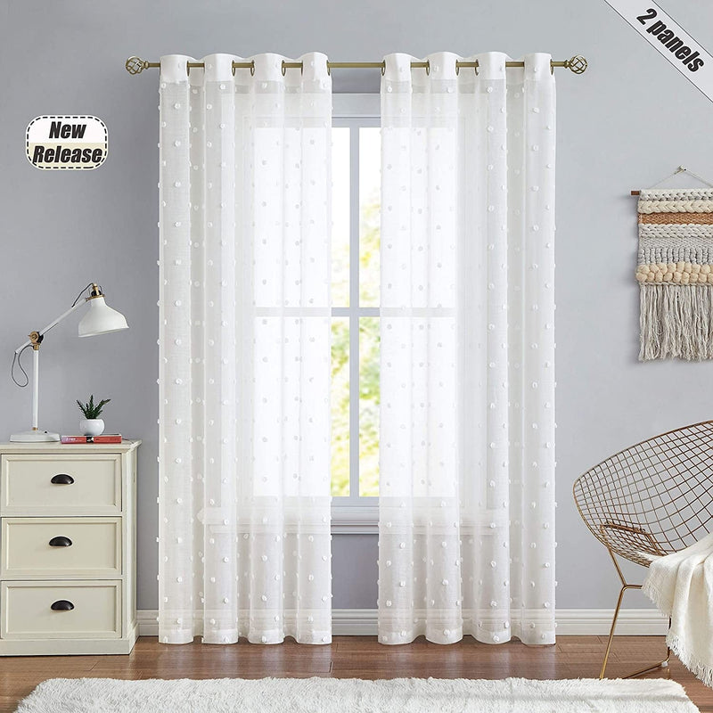 Beauoop Ivory Sheer Window Curtain Panels Embroidered with Pom Pom Nursery Child Window Drapes Elegant Grommet Top Window Treatment for Living Room Bedroom Girls Room, Set of 2, 54" W X 84" L, Linen
