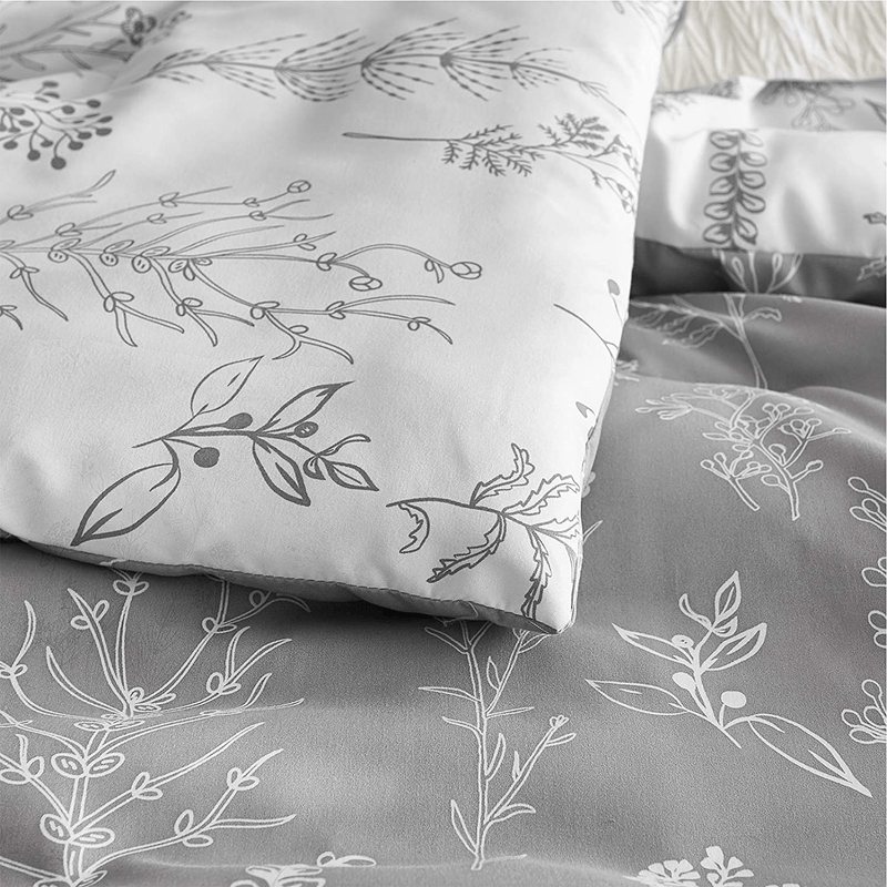 Bedsure Floral Comforter Set King Size Bed Grey & White, Flower and Plant Printed Reversible Botanical Comforter All Season Duvet Set, 3 Piece Bedding Set with 2 Pillow Shams