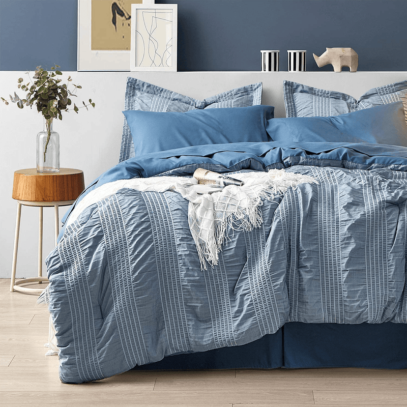 Bedsure Full Queen Comforter Set 8 Piece Bed in A Bag Stripes Seersucker Soft Lightweight Down Alternative Blue Bedding Set 88x88 inch