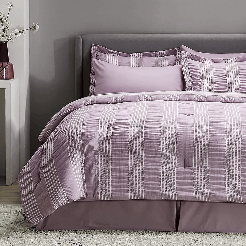 Bedsure Full Queen Comforter Set 8 Piece Bed in A Bag Stripes Seersucker Soft Lightweight Down Alternative Blue Bedding Set 88x88 inch