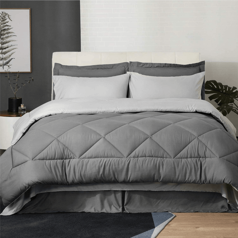 Bedsure Queen Bed in A Bag - 8 Pieces Reversible Bedding Sets, Bed Sets Queen with Comforter and Sheets, Grey Bedding Comforter Sets