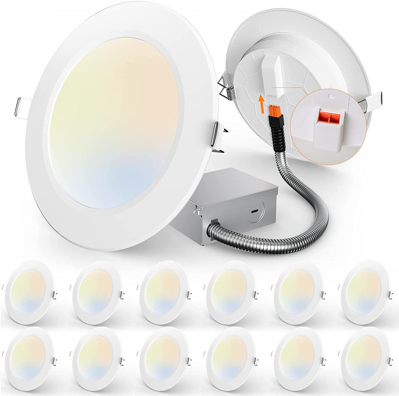 Amico 12 Pack 6 Inch 5CCT Ultra-Thin LED Recessed Ceiling Light with Junction Box, 2700K/3000K/4000K/5000K/6000K Selectable, 12W Eqv 110W, Dimmable Canless Wafer Downlight, 1050LM High Brightness -ETL