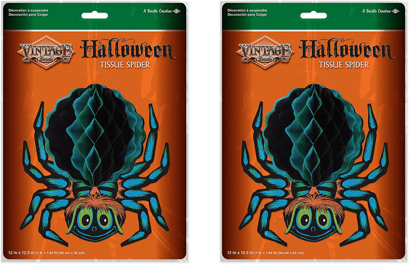 Beistle Tissue Spiders, 2 Piece Vintage Halloween Decorations, 12" x 12.5", Blue/Black/Brown/Green