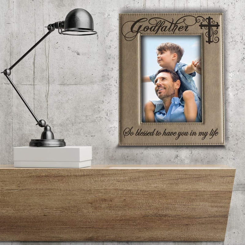 BELLA BUSTA Godfather with Cross-So Blessed to Have You in My Life-Godfather Gift from Godchild Engraved Lather Picture Frame (5 X 7 Vertical)