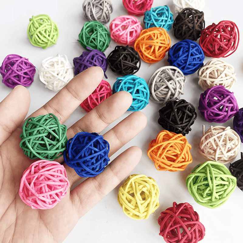 Benvo Rattan Balls 32 Pack 1.2 inch Wicker Ball Birds Toy Quaker Parrot Parakeet Chewing Toys Pet Bite Toys for Budgies Conures Hamsters Ball Orbs Crafts DIY Accessories Vase Fillers (Multi-Colored)