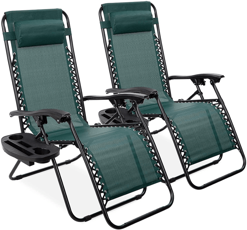 Best Choice Products Set of 2 Adjustable Steel Mesh Zero Gravity Lounge Chair Recliners W/Pillows and Cup Holder Trays, Black